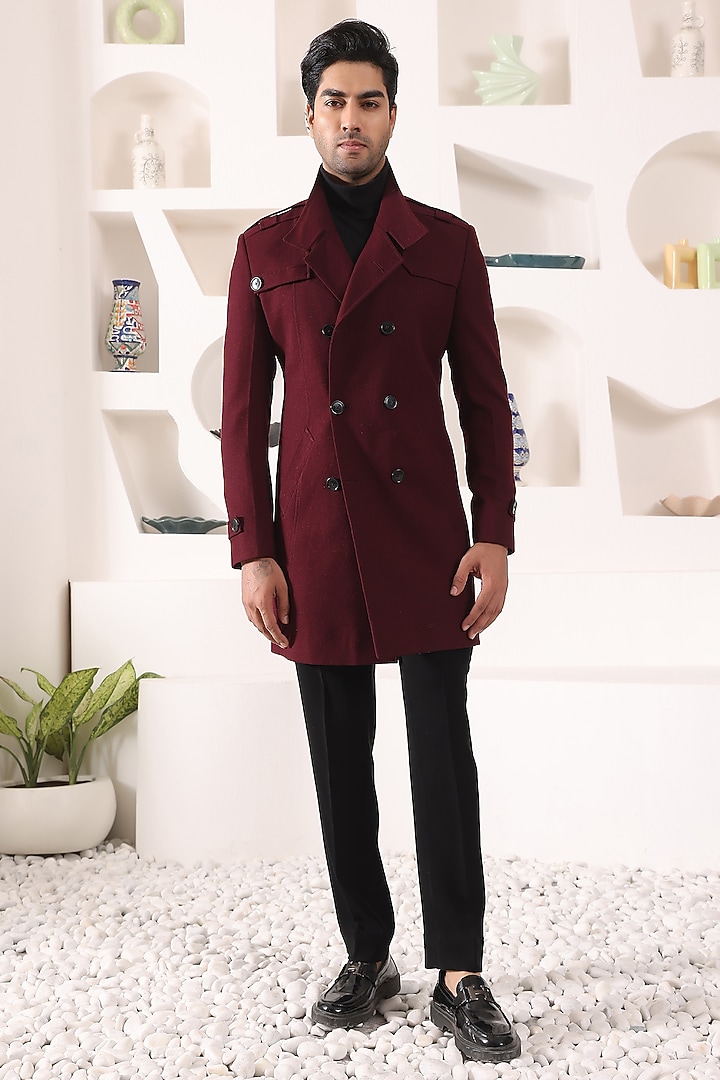 Wine Tweed & Rayon Overcoat by Prateek Munjal at Pernia's Pop Up Shop