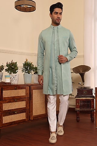 Aqua Green Cotton & Silk Indowestern Set by Prateek Munjal