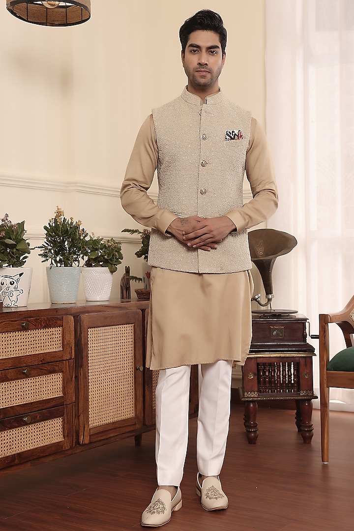 Beige Gold Cotton & Silk Nehru Jacket Set by KUSTOMEYES