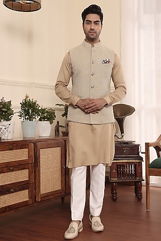 Beige Gold Cotton & Silk Nehru Jacket Set by Prateek Munjal
