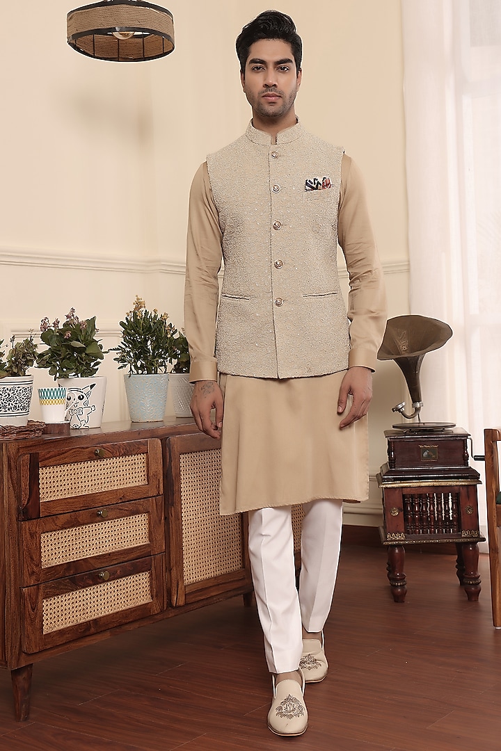 Beige Gold Cotton & Silk Nehru Jacket Set by Prateek Munjal at Pernia's Pop Up Shop