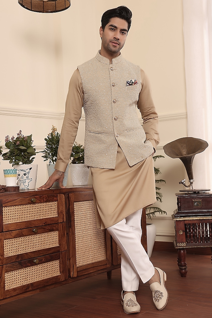 Beige Gold Cotton & Silk Nehru Jacket Set by Prateek Munjal at Pernia's Pop Up Shop