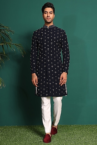 Deep Blue Blended Rayon Hand Embroidered Indo Western Set by Prateek Munjal