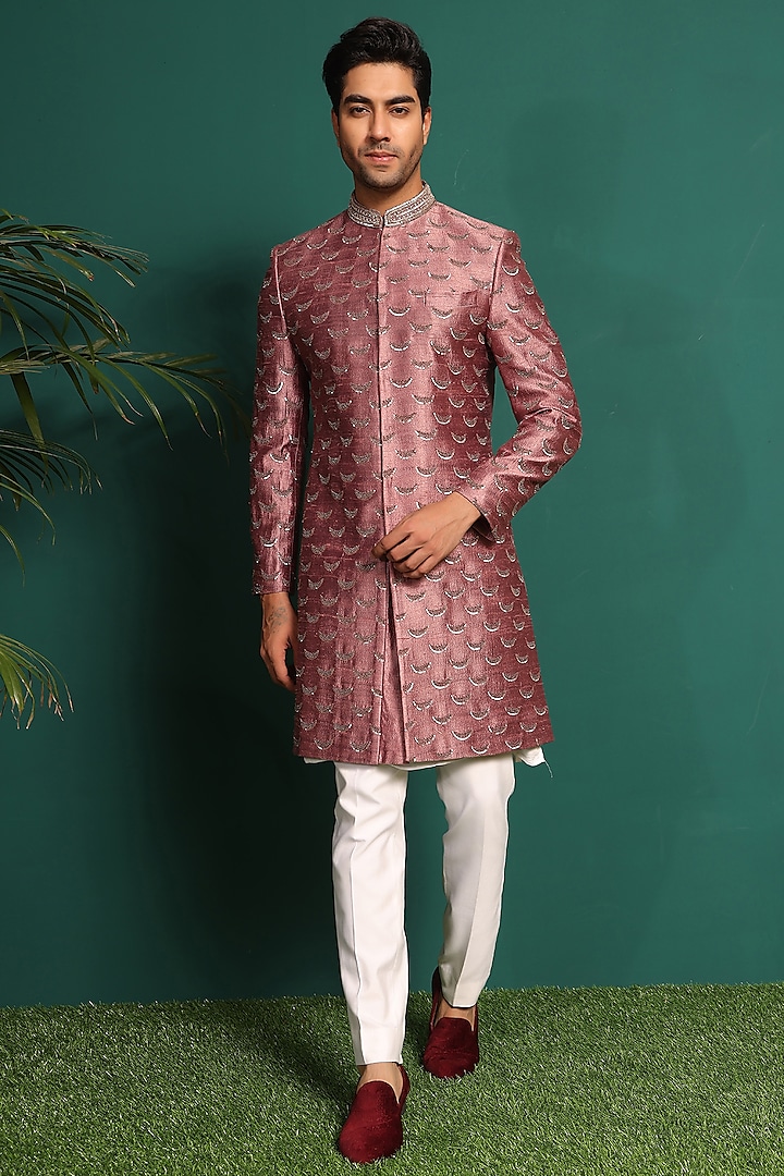 Pink Raw Silk Sequins Embroidered Sherwani Set by KUSTOMEYES