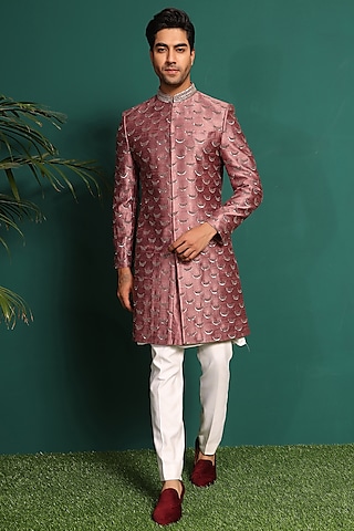 Pink Raw Silk Sequins Embroidered Sherwani Set by Prateek Munjal