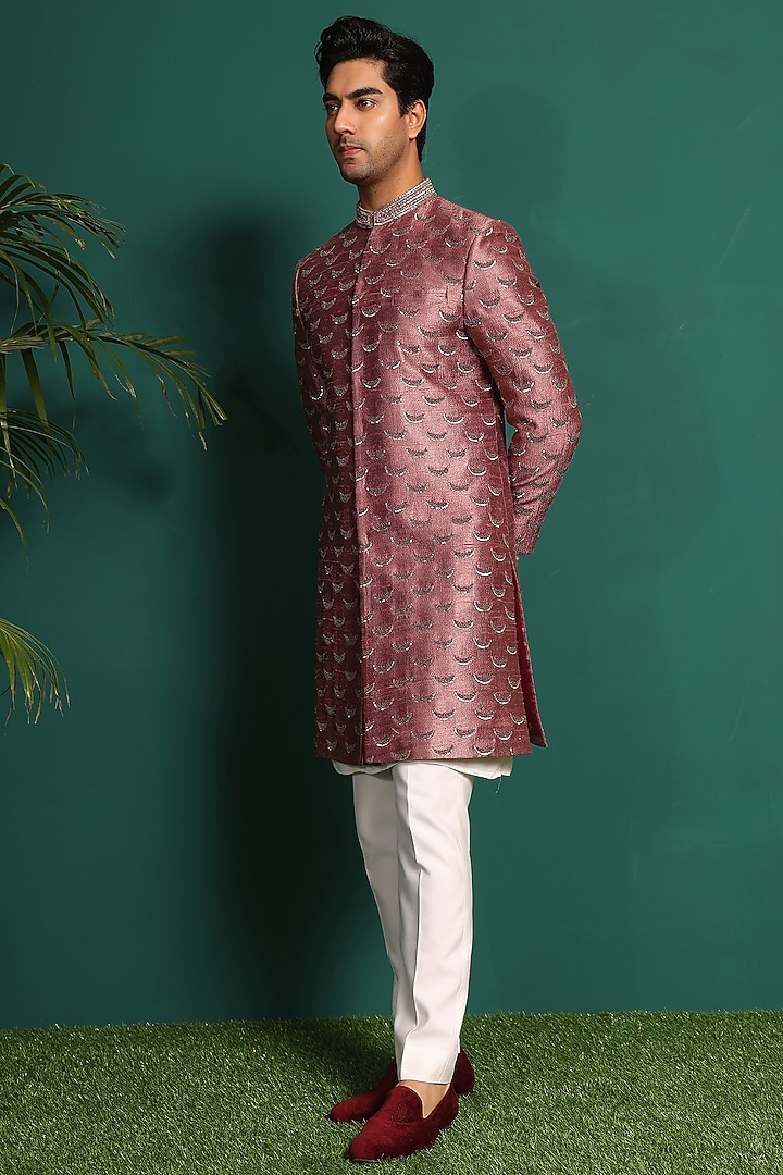 Pink Raw Silk Sequins Embroidered Groom Sherwani Set by Prateek Munjal at Pernia's Pop Up Shop