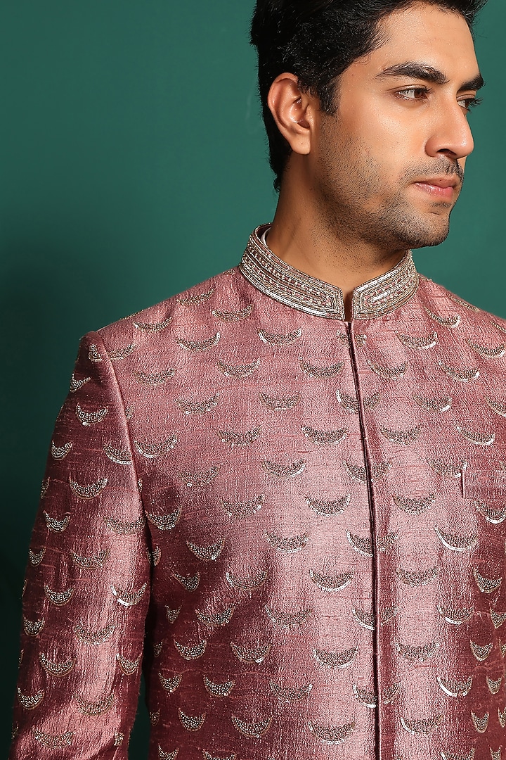 Pink Raw Silk Sequins Embroidered Groom Sherwani Set by Prateek Munjal at Pernia's Pop Up Shop