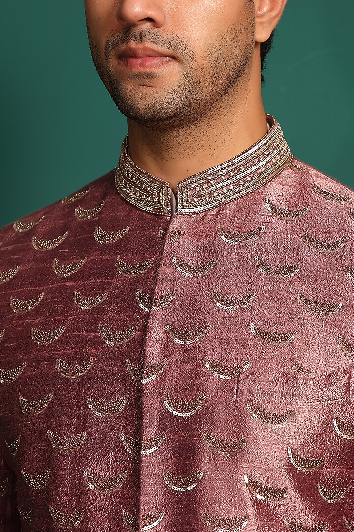 Pink Raw Silk Sequins Embroidered Groom Sherwani Set by Prateek Munjal at Pernia's Pop Up Shop