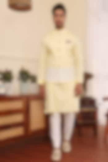 Lemon Cotton Embroidered Nehru Jacket Set by KUSTOMEYES