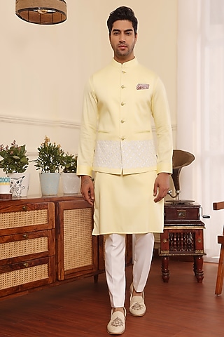 Lemon Cotton Embroidered Nehru Jacket Set by Prateek Munjal