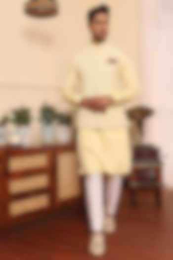Lemon Cotton & Silk Sequins Embroidered Nehru Jacket Set by KUSTOMEYES