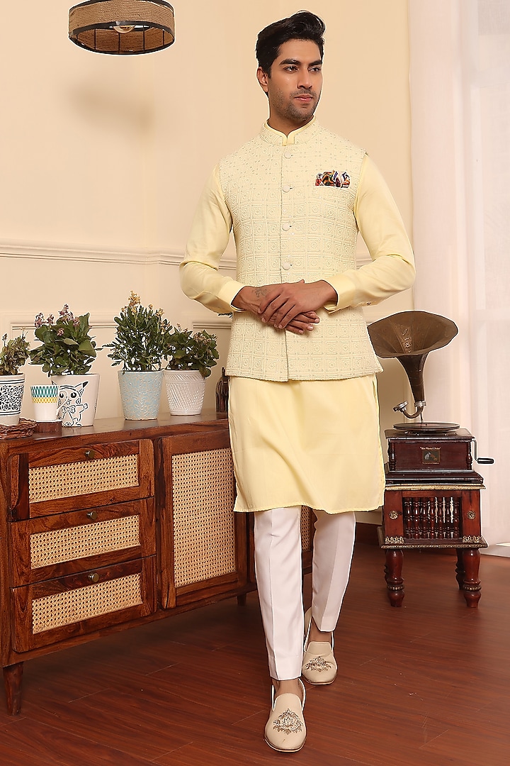 Lemon Cotton & Silk Sequins Embroidered Nehru Jacket Set by KUSTOMEYES