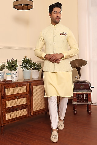 Lemon Cotton & Silk Sequins Embroidered Nehru Jacket Set by Prateek Munjal