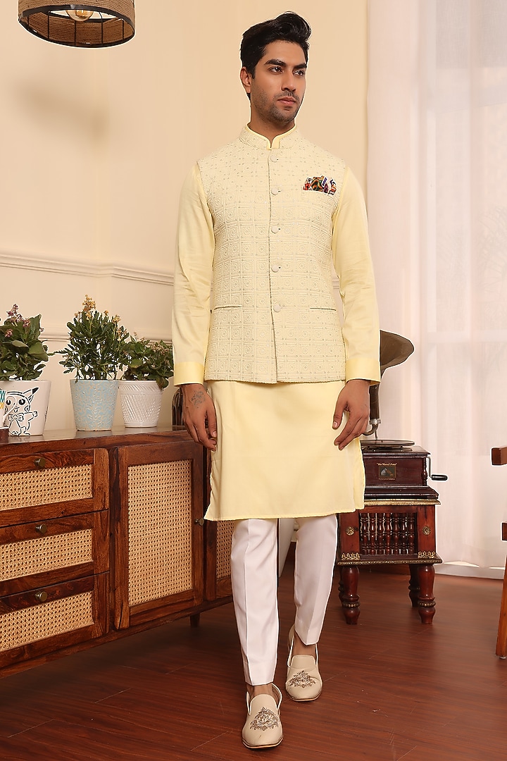 Lemon Cotton & Silk Sequins Embroidered Nehru Jacket Set by Prateek Munjal at Pernia's Pop Up Shop