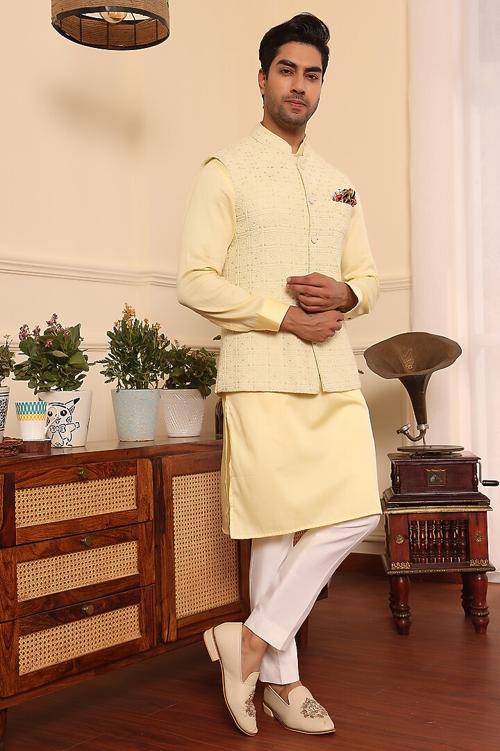 Lemon Cotton & Silk Sequins Embroidered Nehru Jacket Set by Prateek Munjal at Pernia's Pop Up Shop