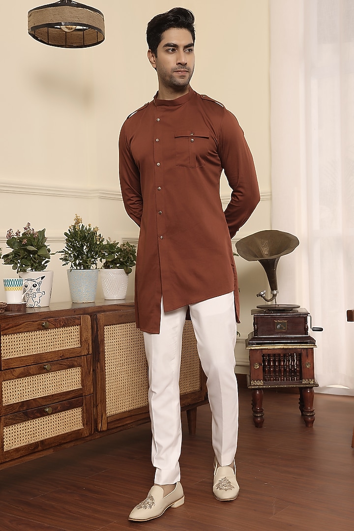 Rust Cotton Asymmetrical Kurta Set by Prateek Munjal at Pernia's Pop Up Shop