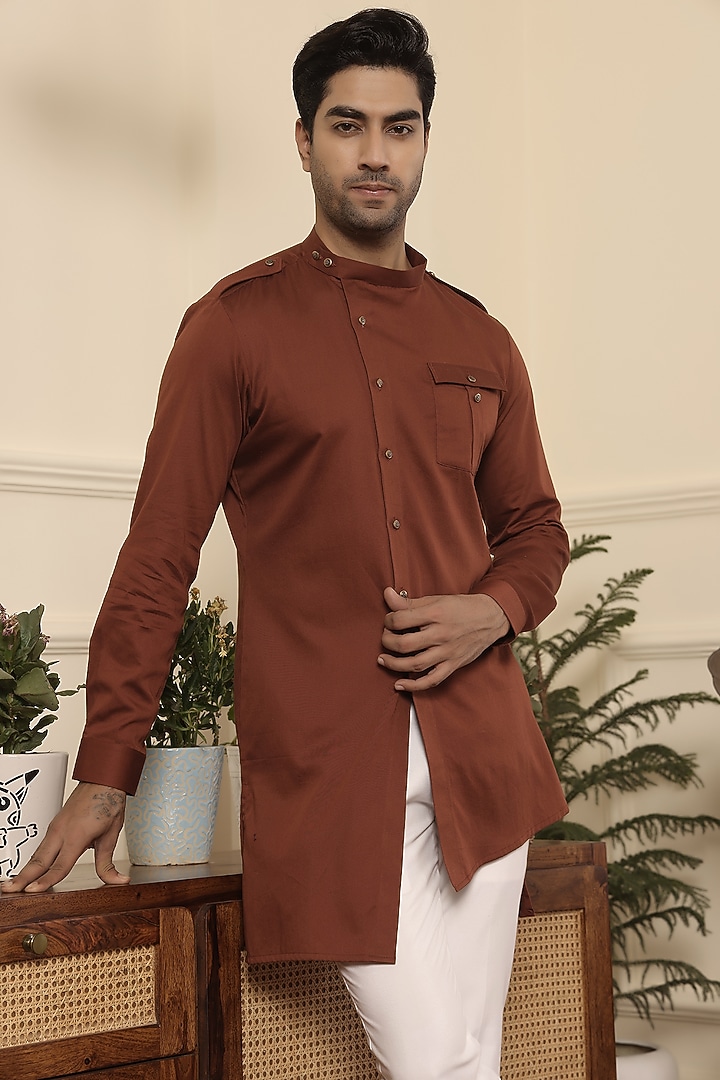 Rust Cotton Asymmetrical Kurta Set by Prateek Munjal at Pernia's Pop Up Shop
