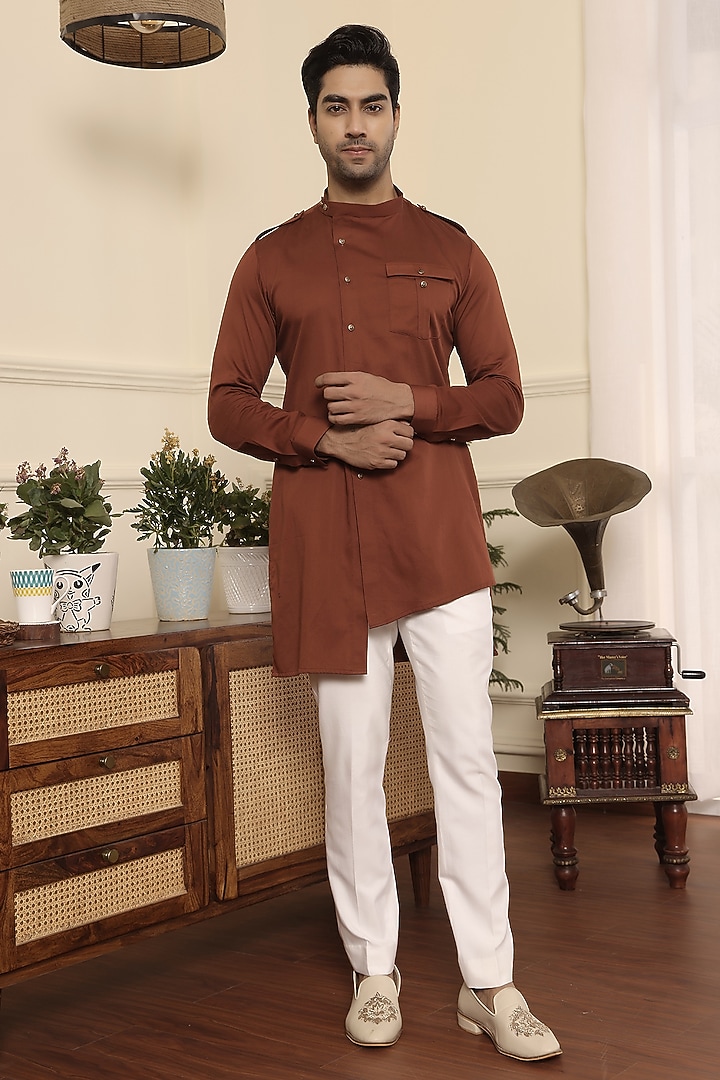 Rust Cotton Asymmetrical Kurta Set by Prateek Munjal at Pernia's Pop Up Shop