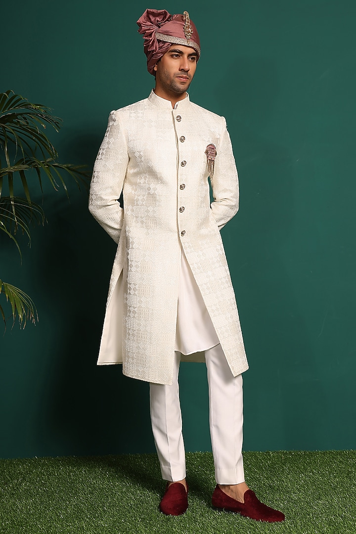 Ivory Pure Silk Kantha Work Wedding Sherwani Set by Prateek Munjal at Pernia's Pop Up Shop