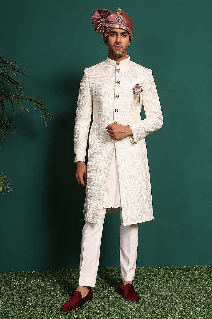 Ivory Pure Silk Kantha Work Wedding Sherwani Set by Prateek Munjal at Pernia's Pop Up Shop