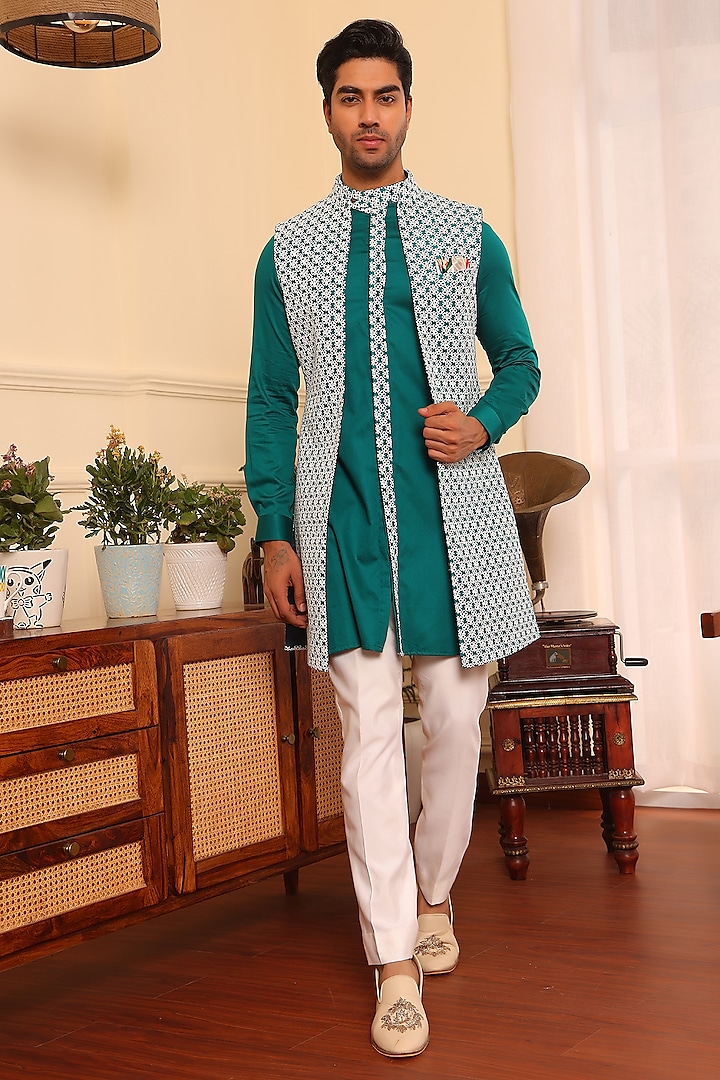 Turquoise Green Cotton & Silk Embroidered Indowestern Set by KUSTOMEYES