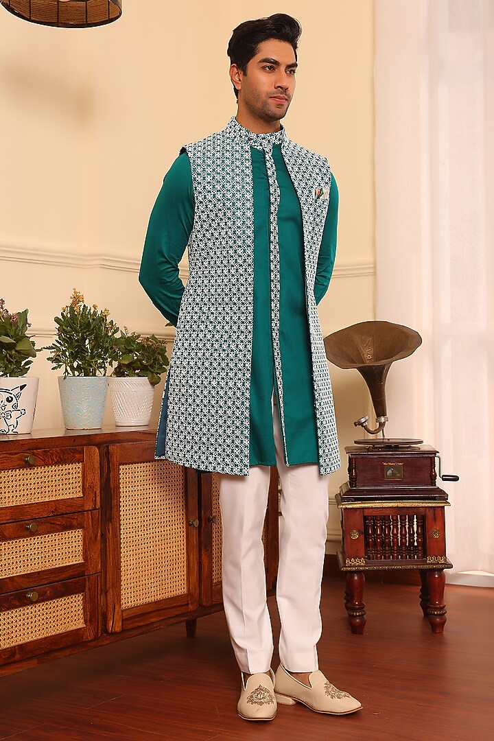 Turquoise Green Cotton & Silk Embroidered Wedding Indowestern Set by Prateek Munjal at Pernia's Pop Up Shop