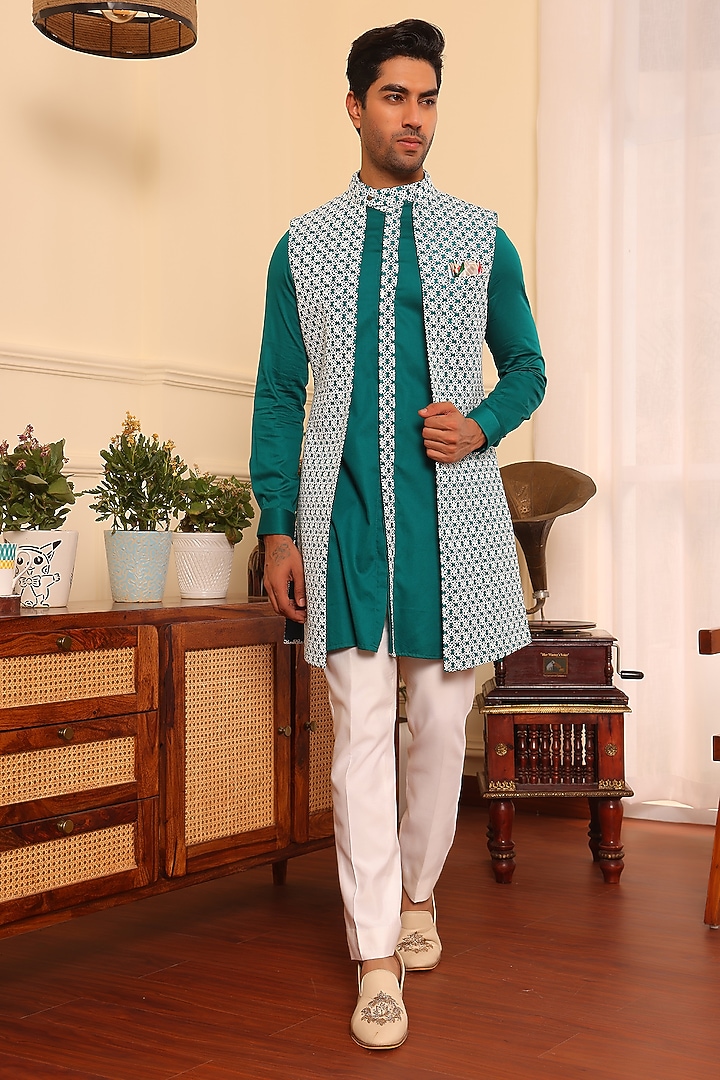 Turquoise Green Cotton & Silk Embroidered Wedding Indowestern Set by Prateek Munjal at Pernia's Pop Up Shop
