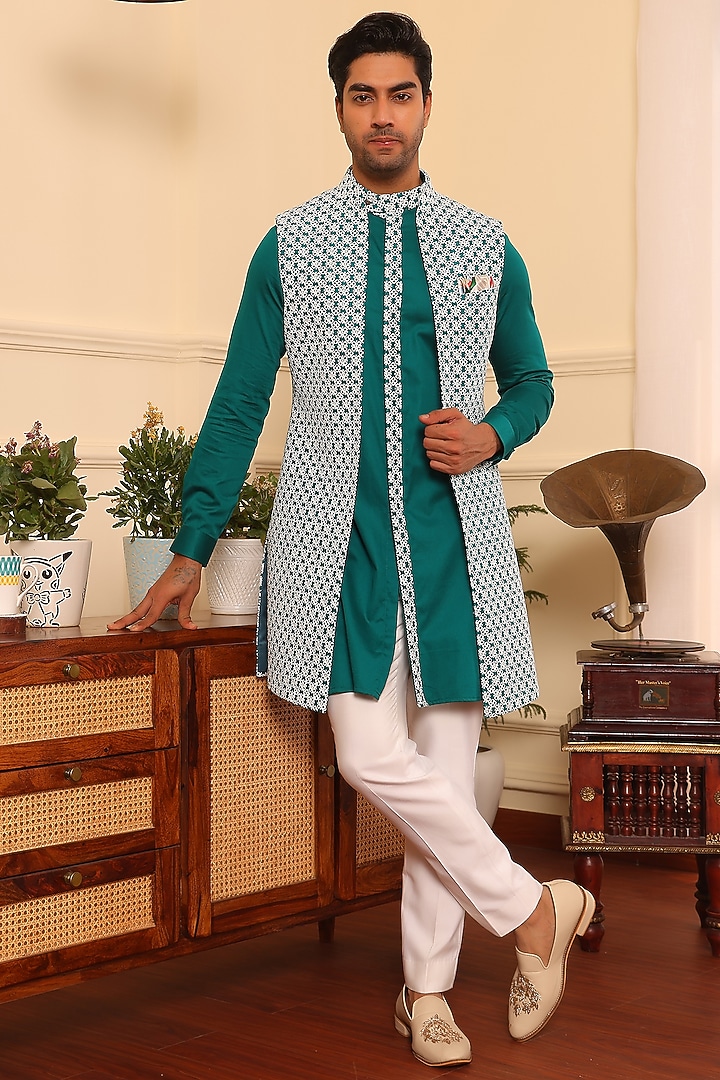 Turquoise Green Cotton & Silk Embroidered Wedding Indowestern Set by Prateek Munjal at Pernia's Pop Up Shop