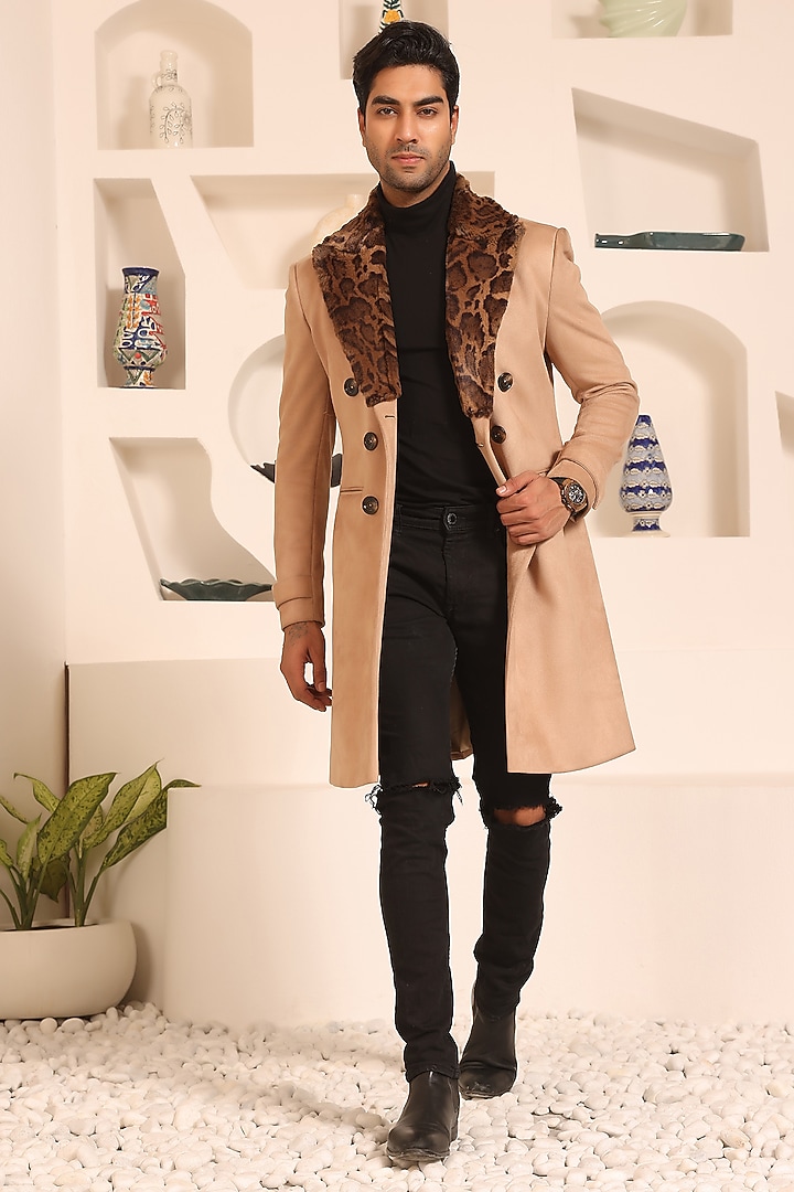 Beige Suede Double-Breasted Overcoat by Prateek Munjal at Pernia's Pop Up Shop