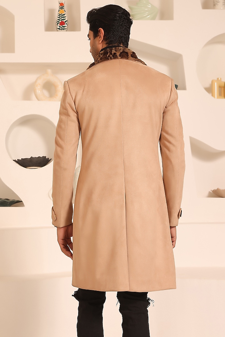 Beige Suede Double-Breasted Overcoat by Prateek Munjal at Pernia's Pop Up Shop