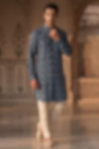 Teal Blue Cotton Kurta Set by Prateek Munjal at Pernia's Pop Up Shop