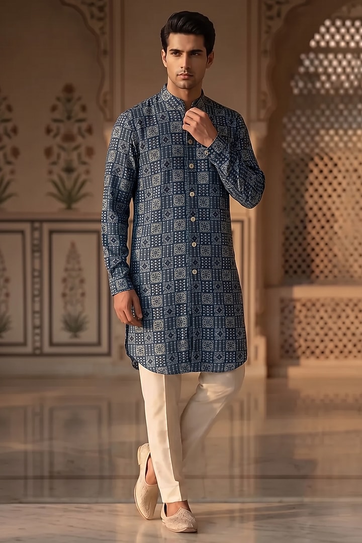Teal Blue Cotton Kurta Set by Prateek Munjal at Pernia's Pop Up Shop