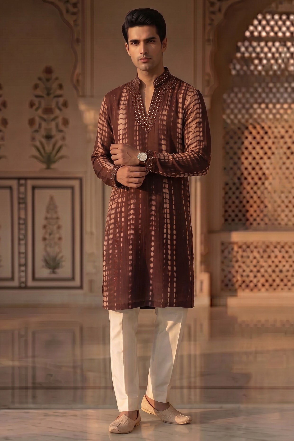 Prateek Munjal Wine Tie-Dye Cotton Mirror Work Kurta Set