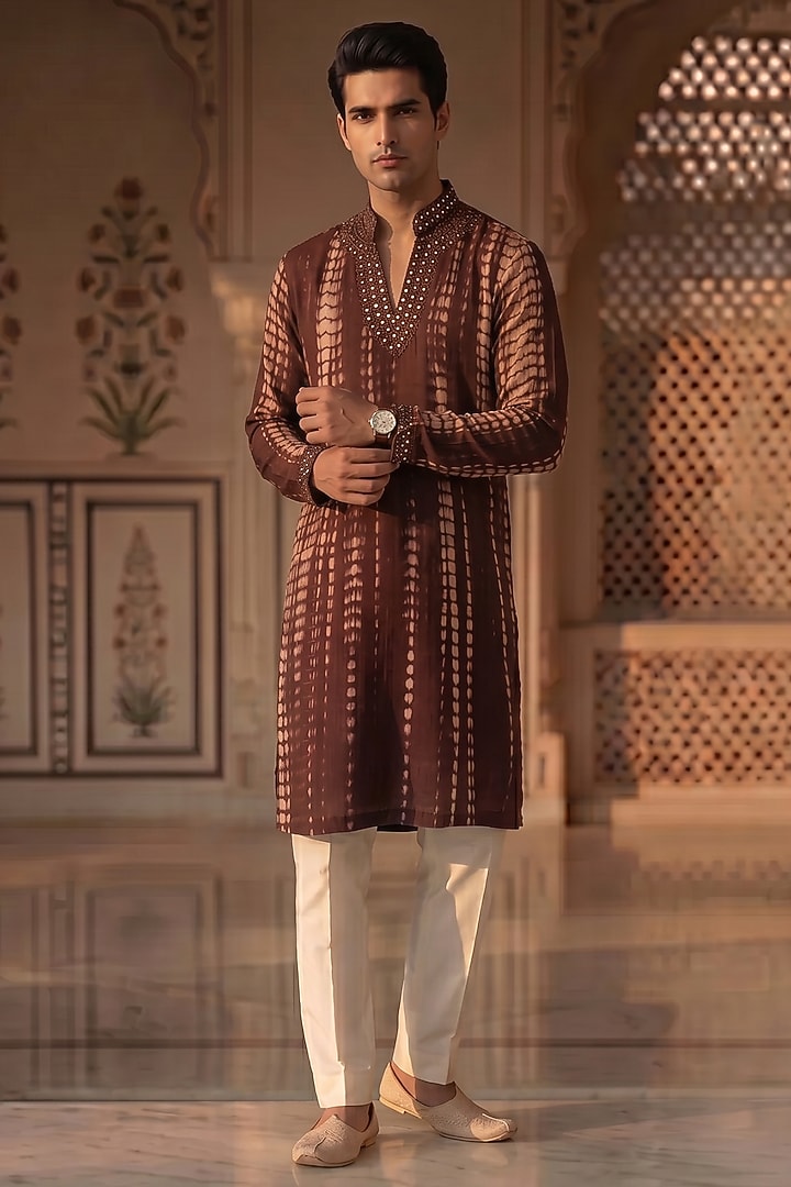 Wine Tie-Dye Cotton Mirror Work Kurta Set by Prateek Munjal at Pernia's Pop Up Shop