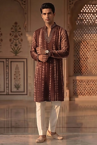 Wine Tie-Dye Cotton Mirror Work Kurta Set by Prateek Munjal