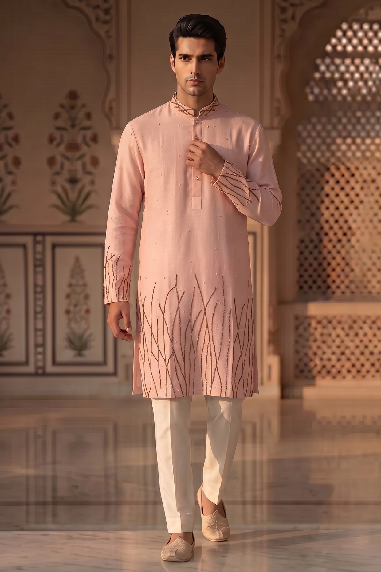 Prateek Munjal Light Pink Moss Crepe Kurta Set