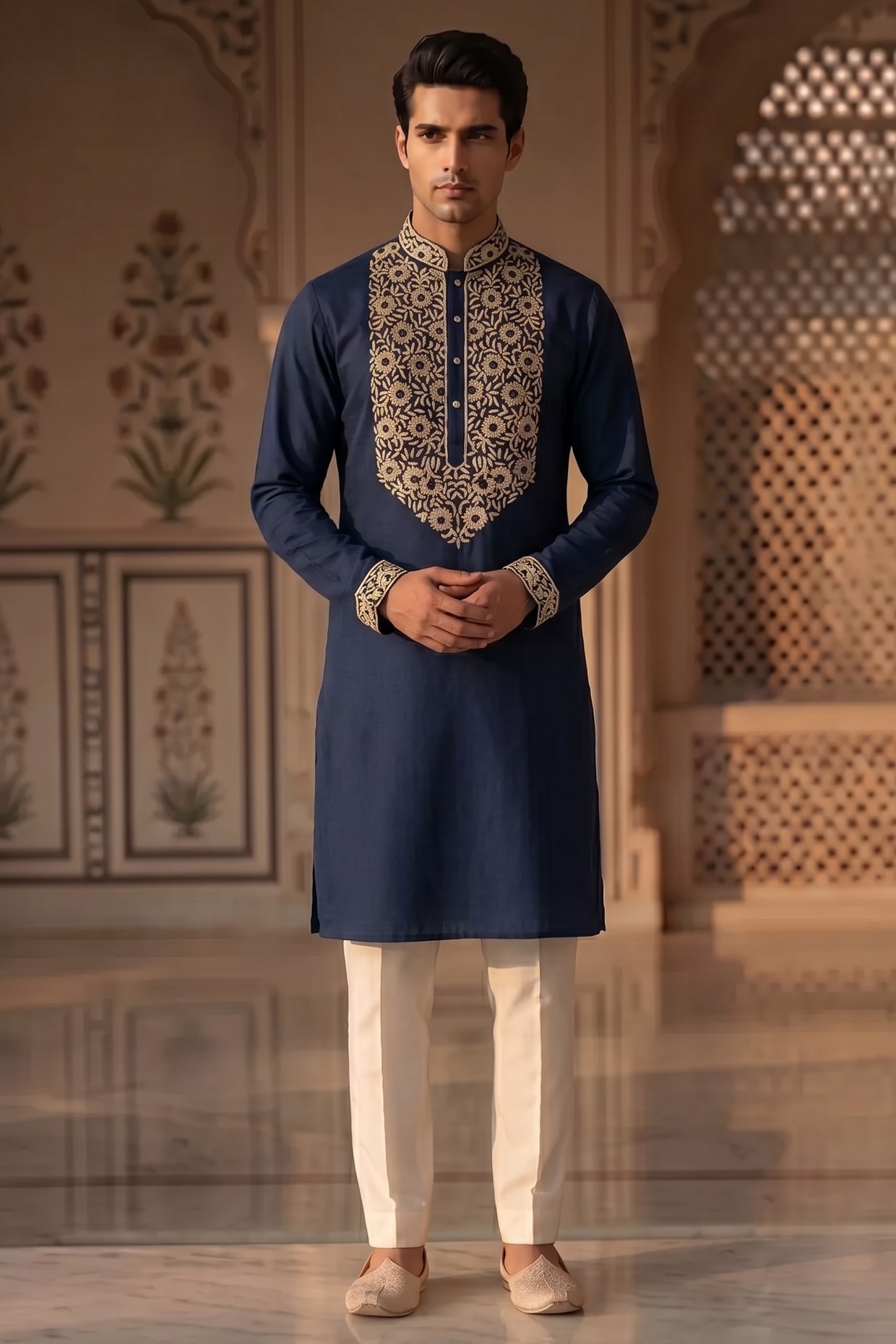 Prateek Munjal Deep Blue Cotton Handwork Kurta Set