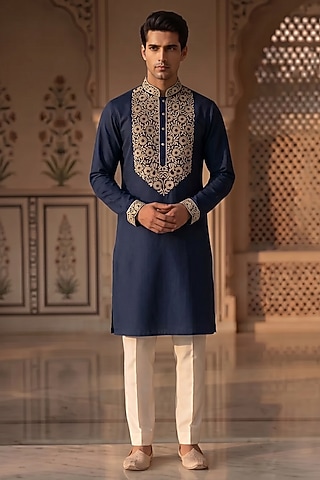 Deep Blue Cotton Handwork Kurta Set by Prateek Munjal