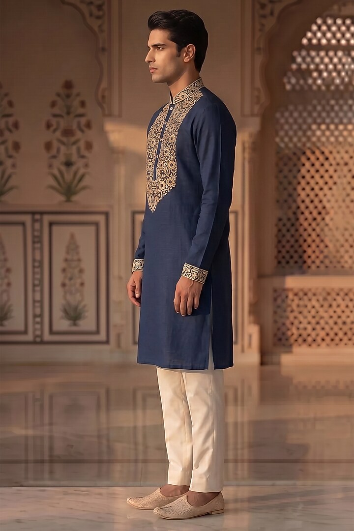 Deep Blue Cotton Handwork Kurta Set by Prateek Munjal at Pernia's Pop Up Shop