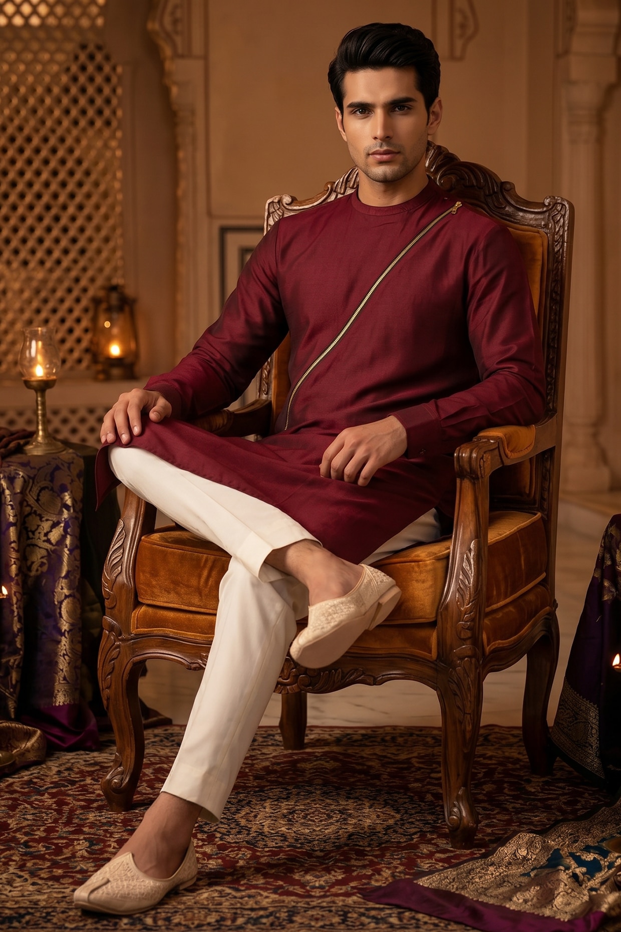 Prateek Munjal Royal Wine Cotton Kurta Set