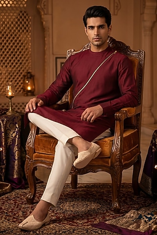 Royal Wine Cotton Kurta Set by Prateek Munjal