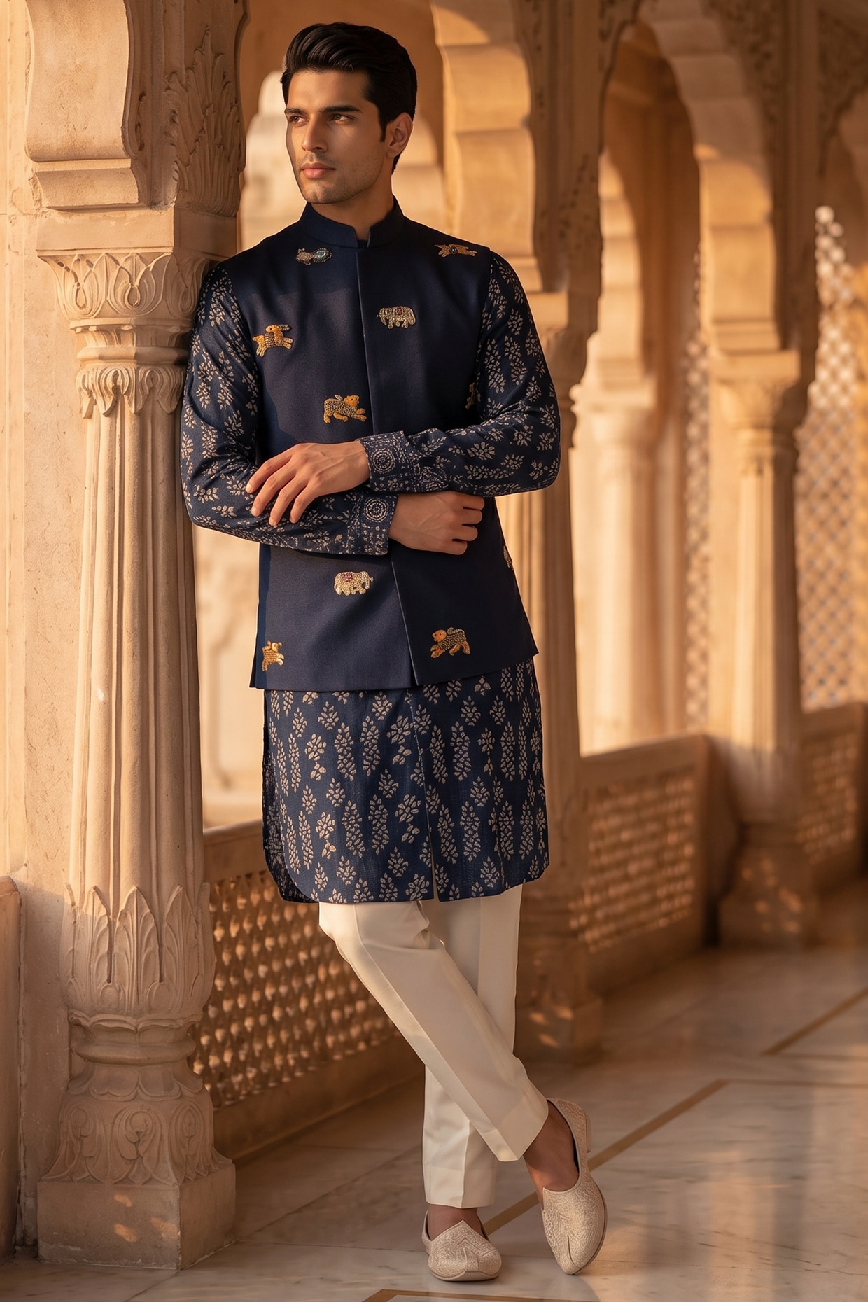 Prateek Munjal Teal Blue & Deep Blue Cotton Handwork Nehru Jacket Set