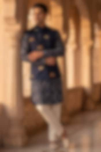Teal Blue & Deep Blue Cotton Handwork Nehru Jacket Set by Prateek Munjal at Pernia's Pop Up Shop