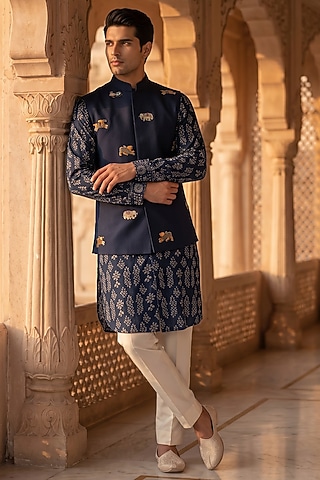 Teal Blue & Deep Blue Cotton Handwork Nehru Jacket Set by Prateek Munjal