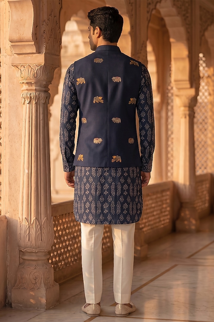 Teal Blue & Deep Blue Cotton Handwork Nehru Jacket Set by Prateek Munjal at Pernia's Pop Up Shop