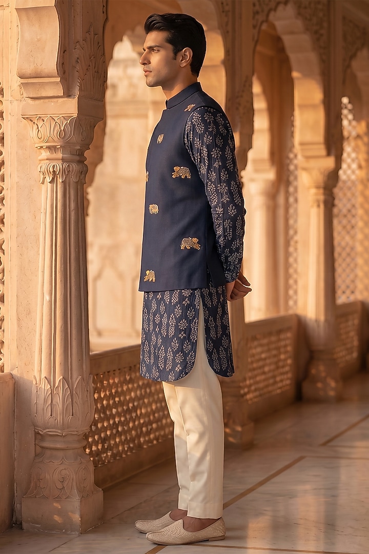 Teal Blue & Deep Blue Cotton Handwork Nehru Jacket Set by Prateek Munjal at Pernia's Pop Up Shop