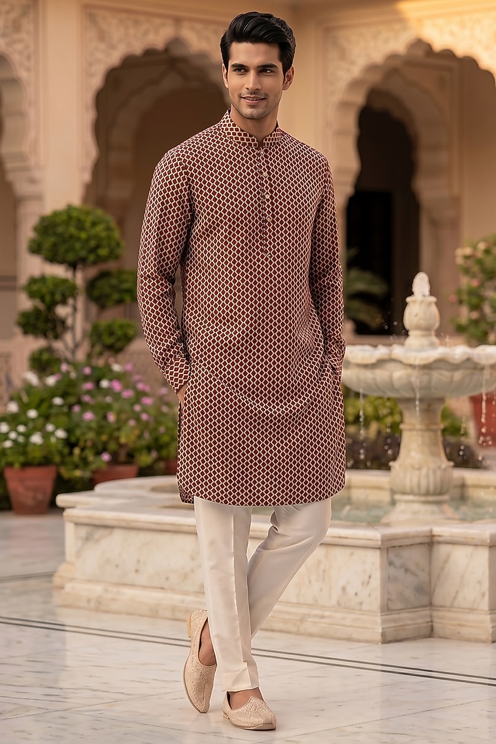Maroon Cotton Kurta Set by Prateek Munjal at Pernia's Pop Up Shop