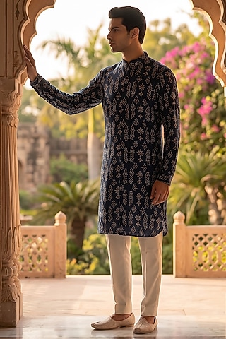 Deep Blue Cotton Block Printed Kurta Set by Prateek Munjal