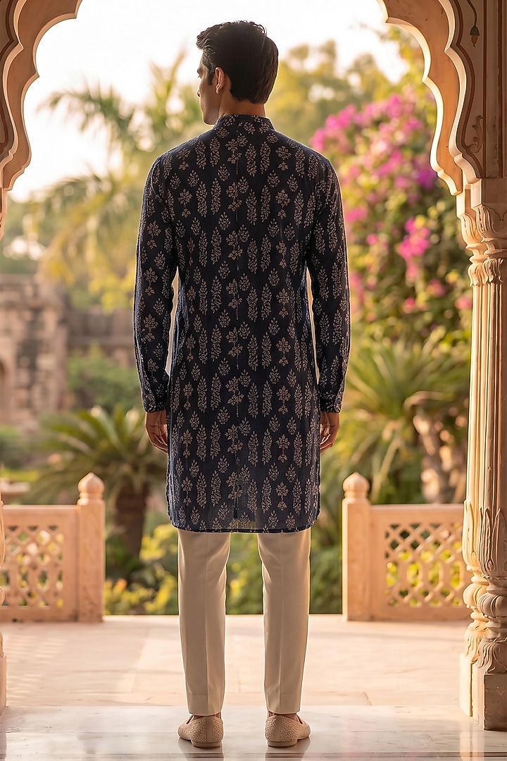 Deep Blue Cotton Block Printed Kurta Set by Prateek Munjal at Pernia's Pop Up Shop