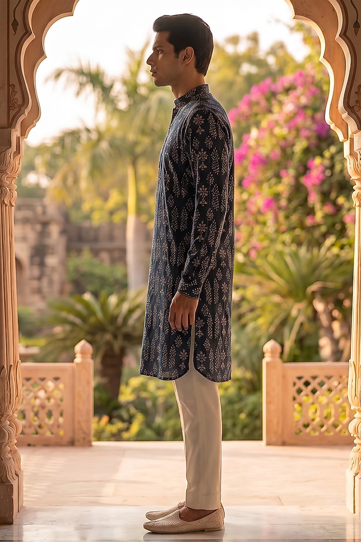 Deep Blue Cotton Block Printed Kurta Set by Prateek Munjal at Pernia's Pop Up Shop